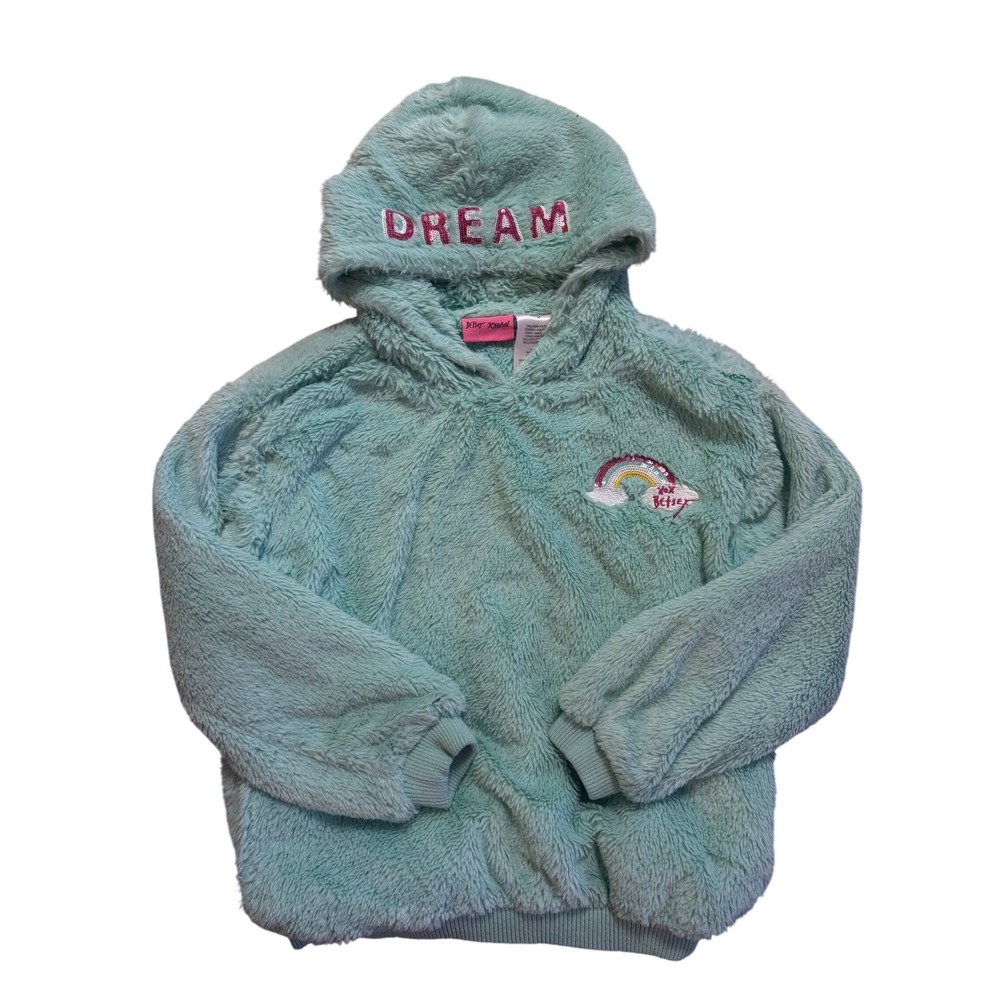 Betsey Johnson Mint Green Faux Fur Dream Sequin Rainbow Hoodie Womens Medium